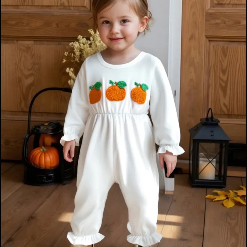 White Pumpkin Embroidered Baby Ruffle Romper Jumpsuit 6-12